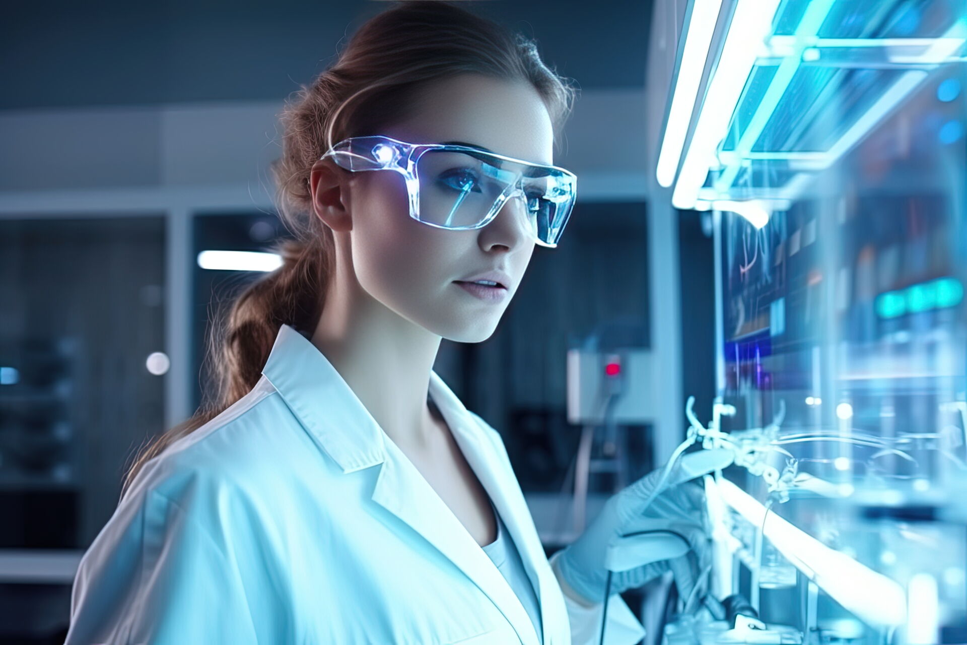 Eine Forscherin mit leuchtenden AR-Brille und Laborkittel blickt auf digitale Anzeigen, zeigt Innovation bei COTECH Berlin.